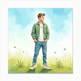 Watercolor Of Justin Bieber Standing In A Meadow Under A Clear Blue Sky Canvas Print