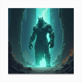 A Giant Golem Standing Guard Over A Glowing Magical Portal 1 Canvas Print