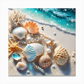 Firefly A Beautiful Feminine Flatlay Of Exotic Seashells, Corals, And Pearls On White Sands And Ocea Canvas Print