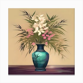 Flower Vase Decorated with Bamboo, Turquoise, Beige and Burgundy Canvas Print