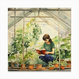 Girl Reading In Greenhouse Canvas Print