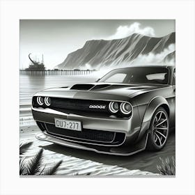 A Pencil Drawing Of A Dodge Demon At A Beach Front 2 Canvas Print