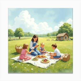 An English Countryside Picnic With Families Enjoying A Sunny Day In Watercolor 1 Canvas Print