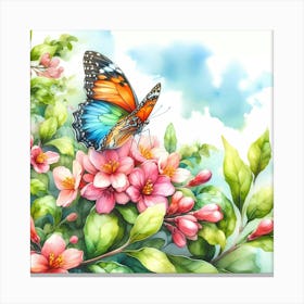 Watercolor Butterfly On Pink Flowers Canvas Print