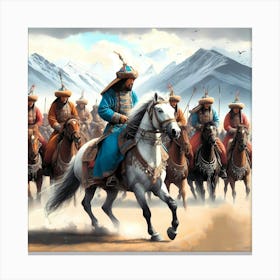 Mongolian Horse Riders By Mountains Color Drawing 1 Canvas Print