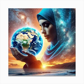 Muslim Woman Holding The Earth Canvas Print