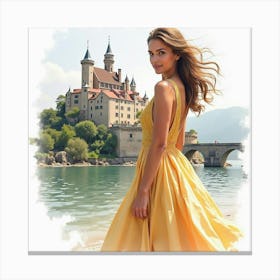 Elegant Italian Woman In Watercolor, With A Historic Castle In The Background Canvas Print