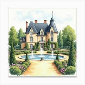 French Chateau In Watercolor Surrounded By Formal Gardens And Fountains 1 Canvas Print