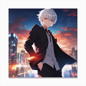 Anime Character Standing In Front Of A City Canvas Print