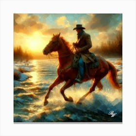 Cowboy Riding Across A Stream Copy Canvas Print