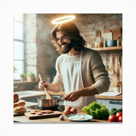 Jesus cooking a meal in a cozy modern kitchen 2 Canvas Print