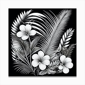 Hawaiian Flowers. A black and white image of a plant with flowers and leaves. Canvas Print