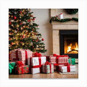 Christmas Presents In Front Of Fireplace 1 Canvas Print