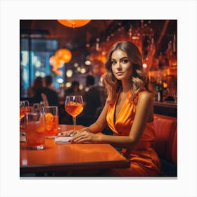 Beautiful Woman In Orange Dress In A Bar 4 Canvas Print