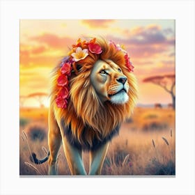 A Lion With A Mane Of Bright Flowers, Standing In A Colorful Watercolor Savanna At Dawn Canvas Print