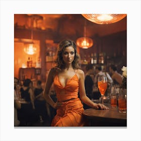 Beautiful Woman In Orange Dress In A Bar 5 Canvas Print