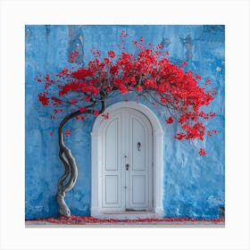 Red Tree In Front Of Blue House Canvas Print