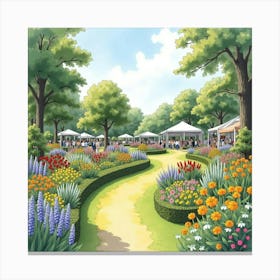 Watercolor View Of An English Summer Garden With People Attending A Flower Show 1 Canvas Print