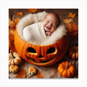 Newborn Baby In Pumpkin Canvas Print