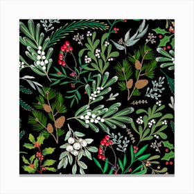 Christmas Botanical Leaves - Greens Black Canvas Print