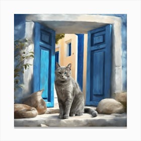 Greek Blue Door Cat Art Print 5 Canvas Print