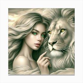 A beautiful woman and lion Canvas Print