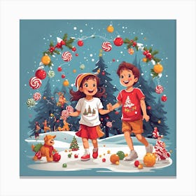 Christmas Children Playing In The Snow 1 Canvas Print