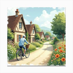 Classic Bike By A Charming Village Road With Flowers Watercolor 1 Canvas Print