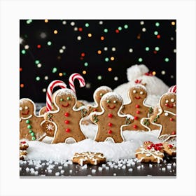 Gingerbread Men Clustered Together Exuding Holiday Cheer Amidst A Landscape Of Luminescent Gumdrops Canvas Print