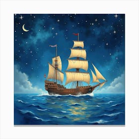 Mystical Ship Sailing Through Watercolor Starry Night 1 Canvas Print