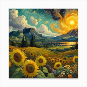 Van Gogh Painted A Sunflower Field In The Middle Of A Volcanic Eruption Canvas Print