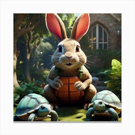 A rabbit meets two turtles in the garden Canvas Print