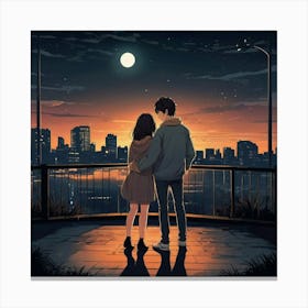 an anime young loving couple, lonely feeling, hope, vector, cartoon style, night 1 Canvas Print