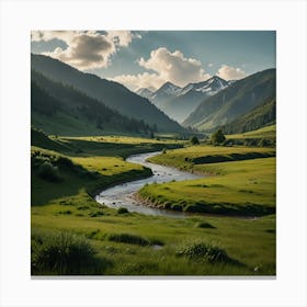 A Serene Mountain Valley With A Clear, Winding River And Lush Green Meadows Canvas Print