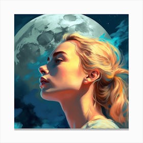 Girl Looking Up At The Moon Canvas Print