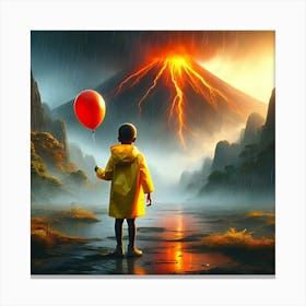 A Boy Wearing A Yellow Rain Coat Holding A Red Ballon, Standing In Front Of A Smokey Volcano, Digital Art 3 Canvas Print