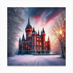 The glow of lights shining on the big castle in the snow Canvas Print