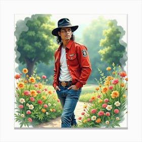 Watercolor Image Of Michael Jackson In A Tranquil Garden 1 Canvas Print