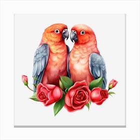 Two Parrots With Roses Canvas Print