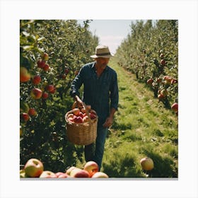 Farmer Picking Apples In An Orchard Canvas Print