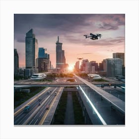 Drone Flying Over A City Canvas Print