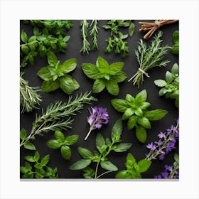 Top View Of Herbs On Black Background Canvas Print