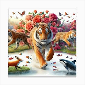 Tiger And Dolphins Canvas Print