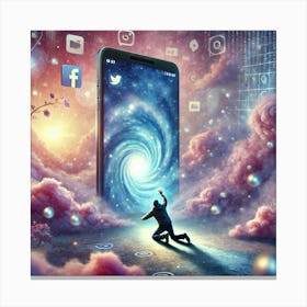 Surreal Image Of A Person Trying To Escape From Their Smartphone In A Dreamlike Scene Canvas Print