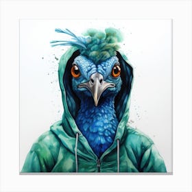 Watercolour Cartoon Peacock In A Hoodie 1 Canvas Print
