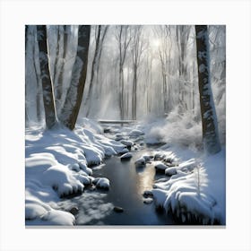 Bridge across the Icy Woodland Stream in Winter Canvas Print