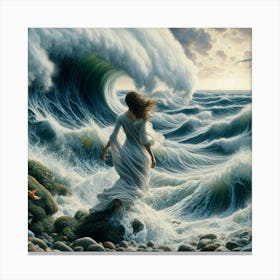 Woman Walks Through The Waves Canvas Print