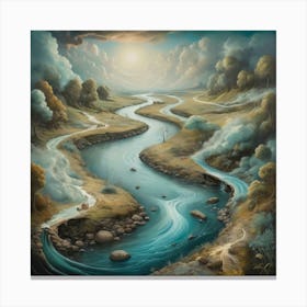 A surrealistic painting of a river, with dreamlike imagery and unexpected elements, inviting the viewer to explore their imagination. 3 Canvas Print