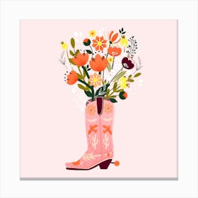 Pink Cowboy Boot And Flower Bouquet Square Canvas Print
