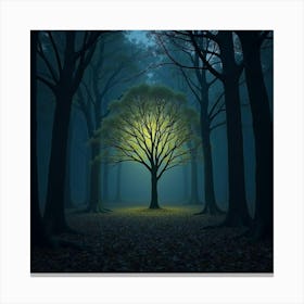 A Glowing Tree In The Middle Of A Dark, Enchanted Forest 1 Canvas Print